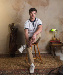 Mens Short Sleeve Textured Golfer - White & Navy