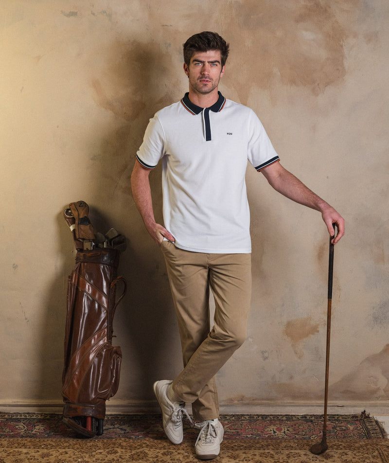 Mens Short Sleeve Textured Golfer - White & Navy