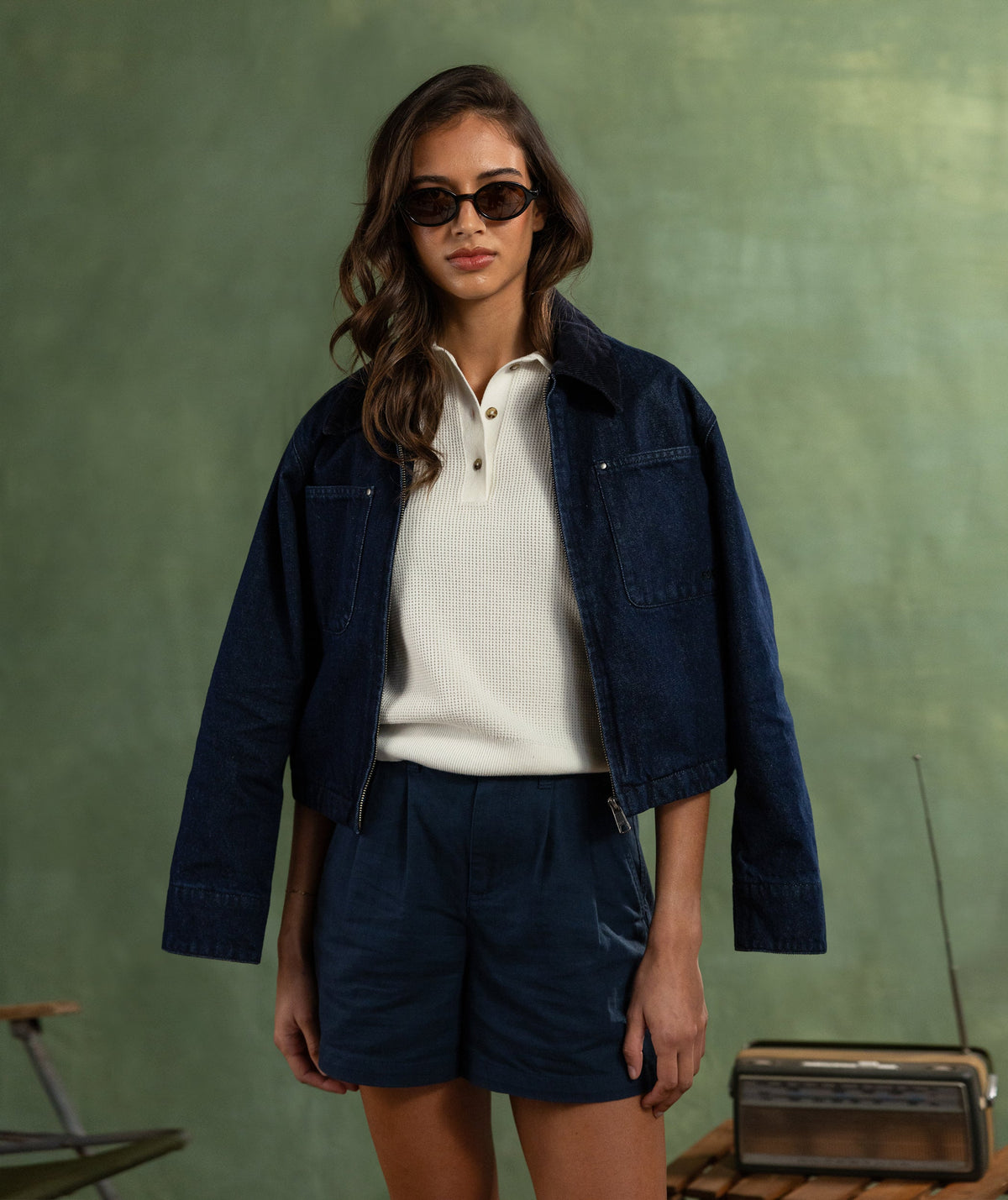 Ladies Cord Collar Denim Jacket - Dark Wash