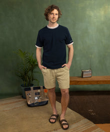Mens Mirco Waffle Regular Tee - Navy & Ivory