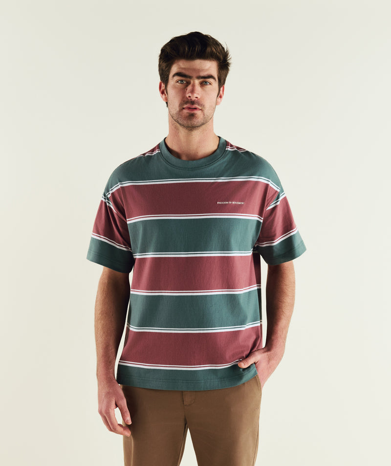 Man wearing FOM relaxed stripe tee in burgundy and green