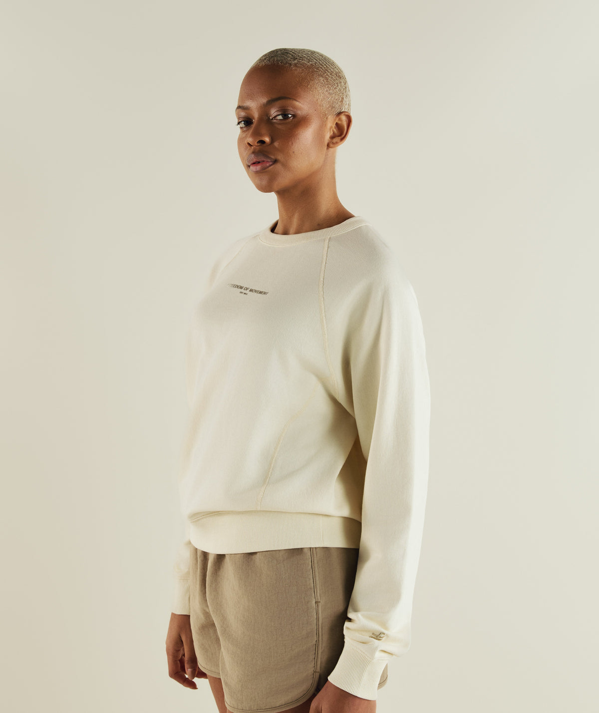 FOM ladies textured crew neck sweat in ivory, on-model view
