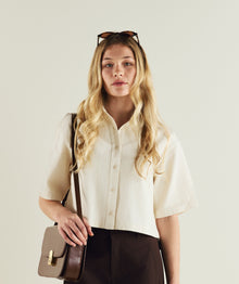 FOM ladies short sleeve shirt in oatmeal, on-model view