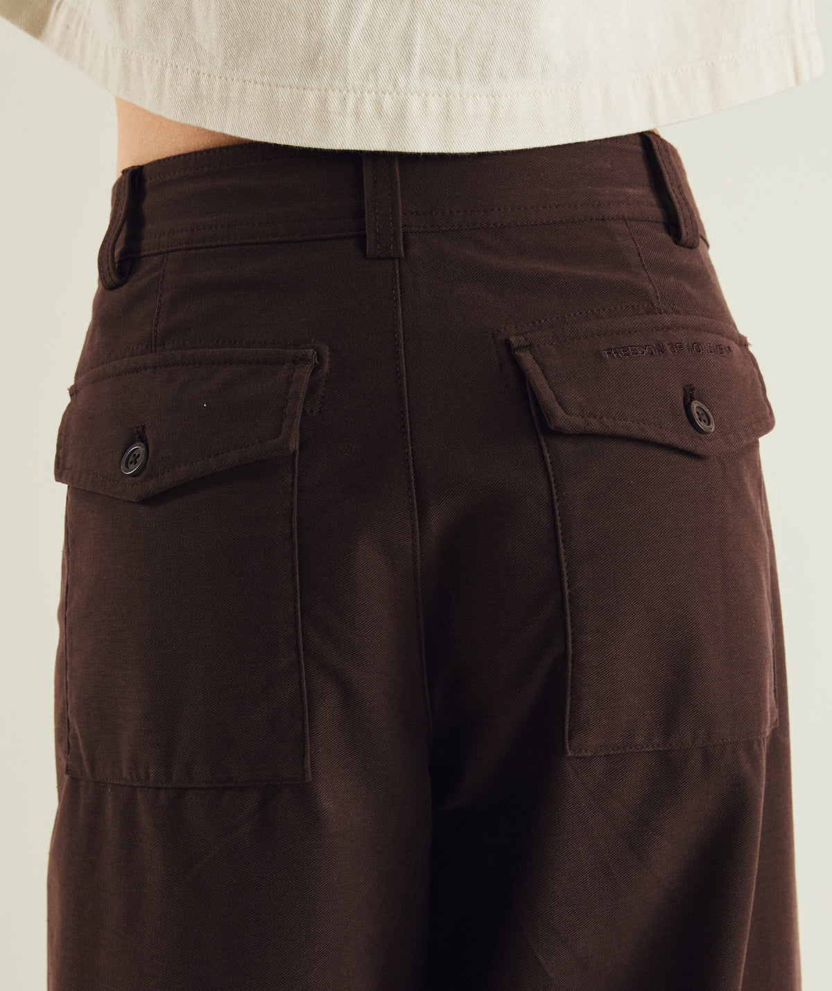 FOM ladies barrel pants in chocolate, on-model view